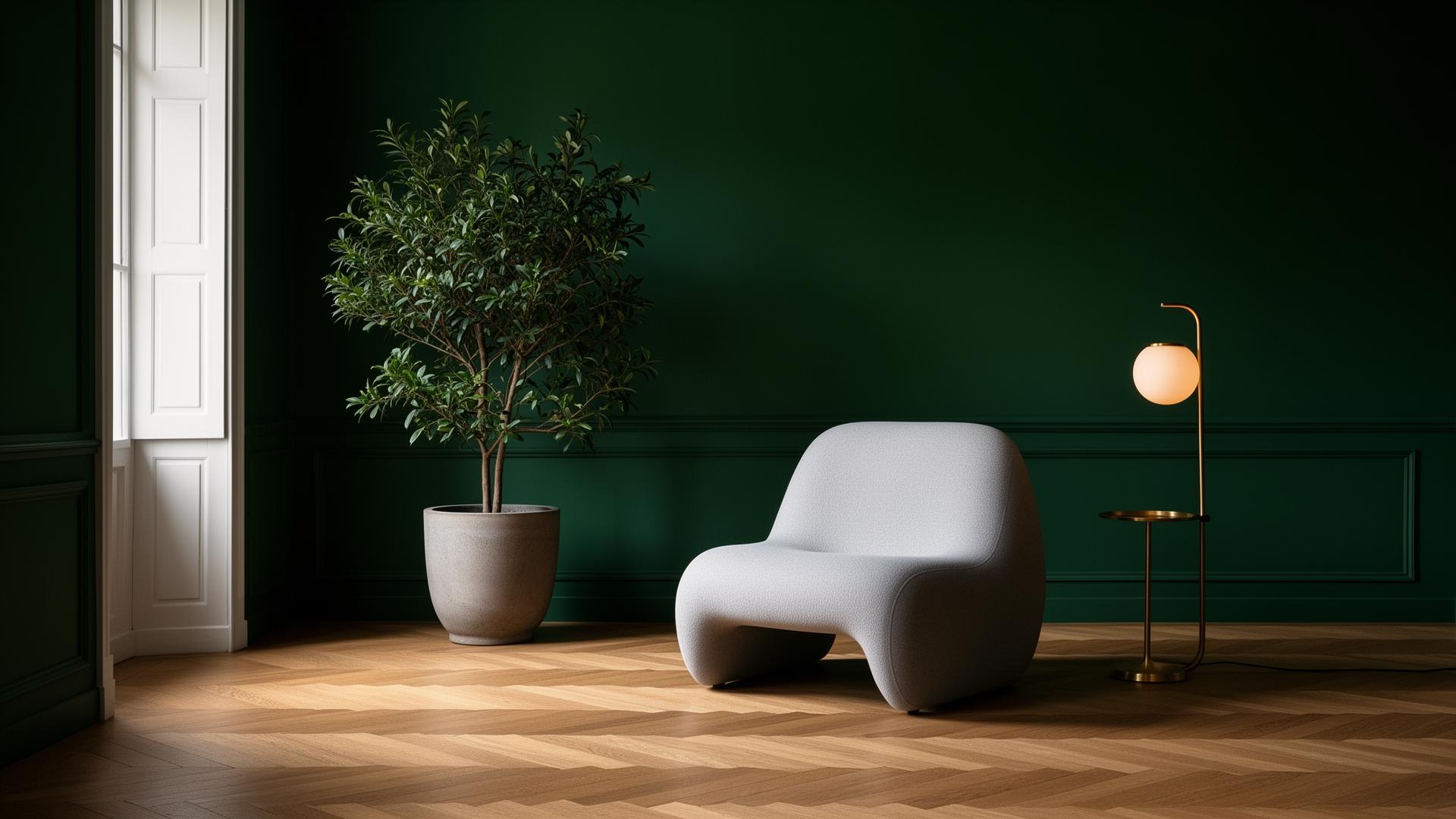 A modern interior with deep green walls, sculptural lounge chair, and brass lamp